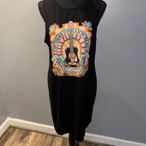 Women's Black‎ Nashville Guitar Graphic Sleeveless T-Shirt Dress Western SzL
